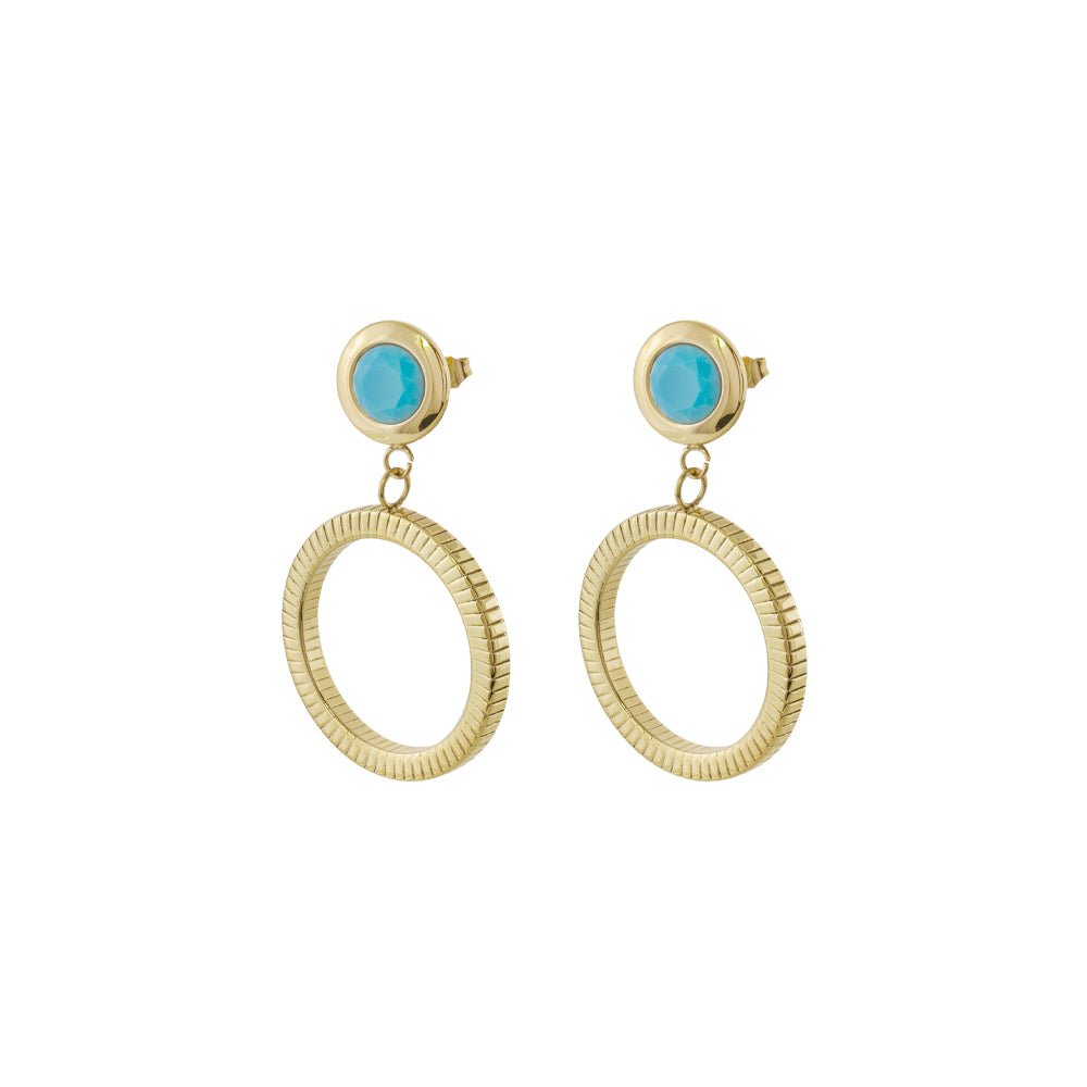 Extravaganza Steel Gold Plated Earrings With Turquoise Stone And Hoop