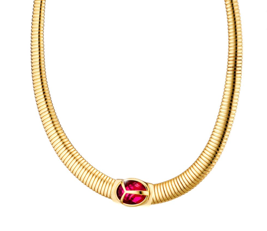 Extravaganza Steel Gold-Plated Rubber Necklace With Fuchsia Zircons