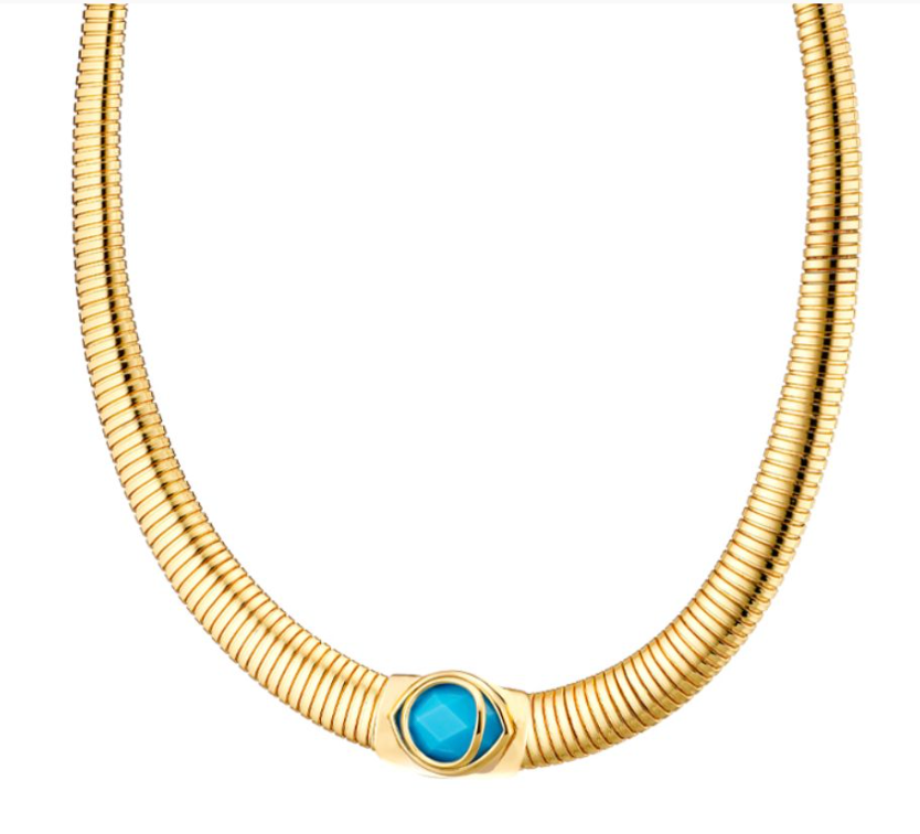 Extravaganza Steel Gold-Plated Rubber Necklace With Turquoise Zircon