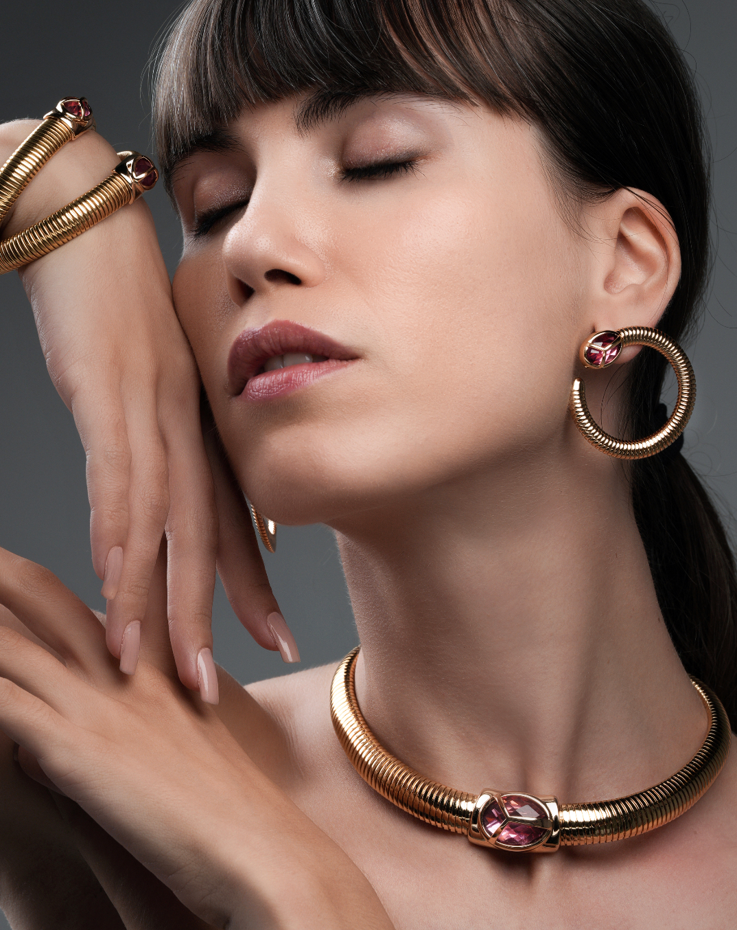 Extravaganza Steel Gold-Plated Hoops With Fuchsia Zircons